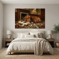 Guilty Dachshund with Torn Pillow Canvas Wall Art, Funny Dog Print, Classic Home Decor