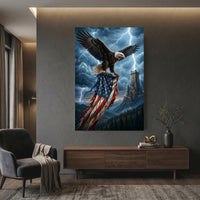 Bald Eagle American Flag Stretched Canvas Wall Art, Stormy Castle Tower Print, Patriotic Wall Decor
