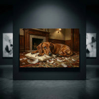 Guilty Dachshund with Torn Pillow Canvas Wall Art, Funny Dog Print, Classic Home Decor