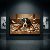 Guilty Bernese Mountain Dog with Torn Pillow Canvas Wall Art, Funny Dog Print, Playful Pet Decor