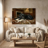 Guilty Black Labrador with Torn Pillow Canvas Wall Art, Funny Dog Print, Cozy Fireplace Decor