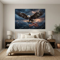 Bald Eagle Flag Lightning Stretched Canvas Wall Art, Mountain Valley Storm Print, Patriotic Wall Decor