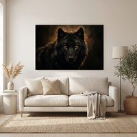 Black Wolf Portrait Stretched Canvas Wall Art, Amber Eyes Wildlife Print, Dramatic Animal Decor