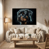 Electric Rottweiler Portrait Canvas Wall Art, Glowing Blue Dog Print, Modern Pet Decor