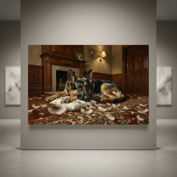 Guilty German Shepherd with torn pillow canvas art