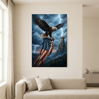 Bald Eagle American Flag Stretched Canvas Wall Art, Stormy Castle Tower Print, Patriotic Wall Decor