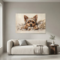 Yorkshire Terrier Puppy Shredded Pillow Canvas Wall Art, Funny Dog Print, Playful Pet Decor