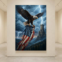 Bald Eagle American Flag Stretched Canvas Wall Art, Stormy Castle Tower Print, Patriotic Wall Decor