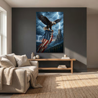 Bald Eagle American Flag Stretched Canvas Wall Art, Stormy Castle Tower Print, Patriotic Wall Decor