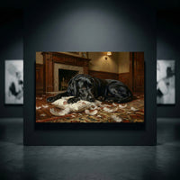 Guilty Black Labrador with Torn Pillow Canvas Wall Art, Funny Dog Print, Cozy Fireplace Decor