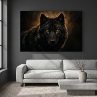 Black Wolf Portrait Stretched Canvas Wall Art, Amber Eyes Wildlife Print, Dramatic Animal Decor