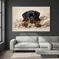 Rottweiler Puppy Shredded Pillow Canvas Wall Art, Funny Dog Print, Guilty Puppy Decor