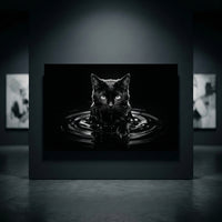 Black Cat Emerging from Dark Water Canvas Wall Art, Dramatic B&W Cat Photography Print