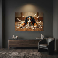Guilty Bernese Mountain Dog with Torn Pillow Canvas Wall Art, Funny Dog Print, Playful Pet Decor