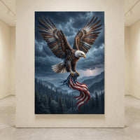 Bald Eagle Storm Flag Stretched Canvas Wall Art, Patriotic Lightning Sky Print, Freedom Wall Decor