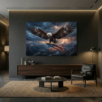 Bald Eagle Flag Lightning Stretched Canvas Wall Art, Mountain Valley Storm Print, Patriotic Wall Decor