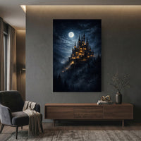 Moonlit Fantasy Castle Stretched Canvas Wall Art, Enchanted Night Sky Print, Mystical Room Decor