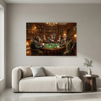 Five Chimpanzees Playing Poker Canvas Wall Art, Classic Funny Animal Print, Man Cave Card Game Decor