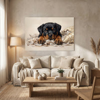 Rottweiler Puppy Shredded Pillow Canvas Wall Art, Funny Dog Print, Guilty Puppy Decor