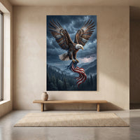 Bald Eagle Storm Flag Stretched Canvas Wall Art, Patriotic Lightning Sky Print, Freedom Wall Decor