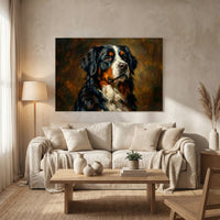 Bernese Mountain Dog Oil Painting Canvas Wall Art, Classic Dog Portrait Print, Warm Rustic Decor