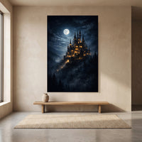 Moonlit Fantasy Castle Stretched Canvas Wall Art, Enchanted Night Sky Print, Mystical Room Decor