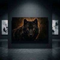 Black Wolf Portrait Stretched Canvas Wall Art, Amber Eyes Wildlife Print, Dramatic Animal Decor
