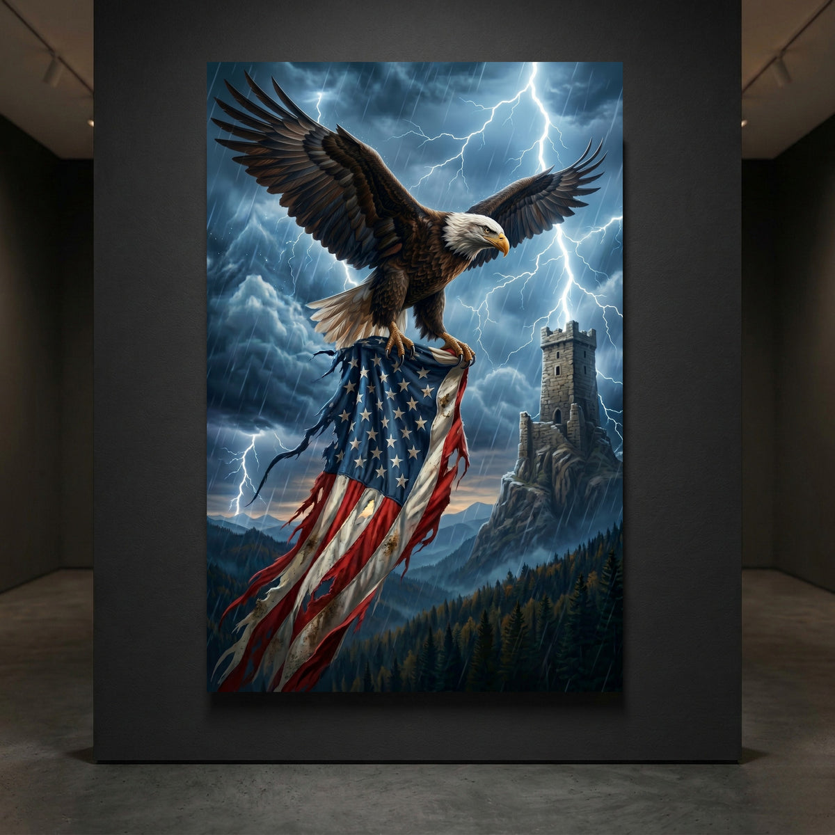 Bald Eagle American Flag Stretched Canvas Wall Art, Stormy Castle Tower Print, Patriotic Wall Decor