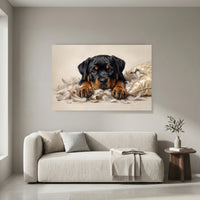 Rottweiler Puppy Shredded Pillow Canvas Wall Art, Funny Dog Print, Guilty Puppy Decor