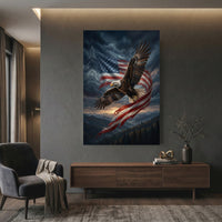 Bald Eagle Flag Sunset Stretched Canvas Wall Art, Patriotic Mountain Silhouette Print, Freedom Wall Decor