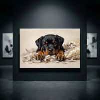 Rottweiler Puppy Shredded Pillow Canvas Wall Art, Funny Dog Print, Guilty Puppy Decor