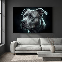 Electric Pit Bull Portrait Canvas Wall Art, Glowing Blue Dog Print, Modern Pet Decor