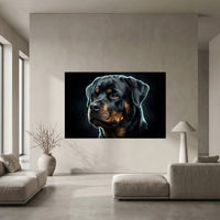 Electric Rottweiler Portrait Canvas Wall Art, Glowing Blue Dog Print, Modern Pet Decor