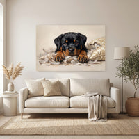 Rottweiler Puppy Shredded Pillow Canvas Wall Art, Funny Dog Print, Guilty Puppy Decor