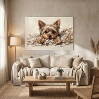 Yorkshire Terrier Puppy Shredded Pillow Canvas Wall Art, Funny Dog Print, Playful Pet Decor