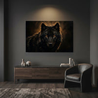 Black Wolf Portrait Stretched Canvas Wall Art, Amber Eyes Wildlife Print, Dramatic Animal Decor