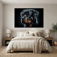 Electric Rottweiler Portrait Canvas Wall Art, Glowing Blue Dog Print, Modern Pet Decor