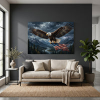 Bald Eagle Mountain Flag Stretched Canvas Wall Art, Stormy Wilderness River Print, Patriotic Wall Decor