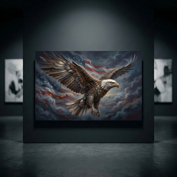 Metallic Bald Eagle Flag Stretched Canvas Wall Art, Autumn Storm Sky Print, Patriotic Wall Decor
