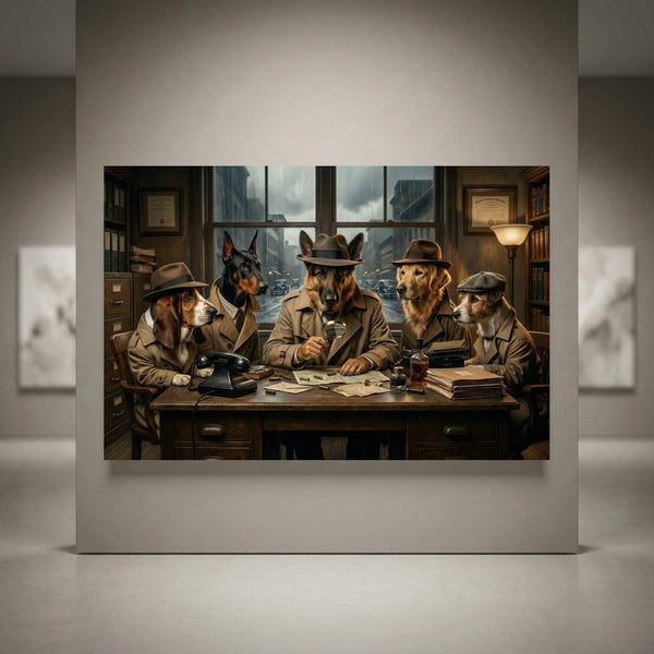 Five dogs noir detective office canvas art