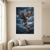 Bald Eagle Storm Flag Stretched Canvas Wall Art, Patriotic Lightning Sky Print, Freedom Wall Decor