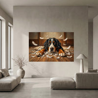 Guilty Bernese Mountain Dog with Torn Pillow Canvas Wall Art, Funny Dog Print, Playful Pet Decor