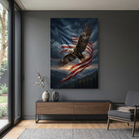 American Flag Eagle Stretched Canvas Wall Art, Patriotic Mountain Sunset Print, Freedom Wall Decor