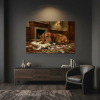 Guilty Dachshund with Torn Pillow Canvas Wall Art, Funny Dog Print, Classic Home Decor