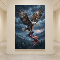 Bald Eagle Rain Storm Flag Stretched Canvas Wall Art, Patriotic Wilderness Print, Freedom Wall Decor