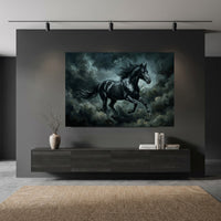 Black Stallion Storm Stretched Canvas Wall Art, Galloping Horse Print, Dramatic Equestrian Decor