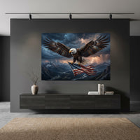 Bald Eagle Flag Lightning Stretched Canvas Wall Art, Mountain Valley Storm Print, Patriotic Wall Decor