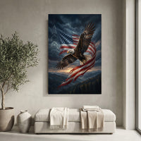 American Flag Eagle Stretched Canvas Wall Art, Patriotic Mountain Sunset Print, Freedom Wall Decor
