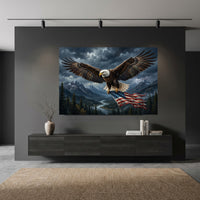 Bald Eagle Mountain Flag Stretched Canvas Wall Art, Stormy Wilderness River Print, Patriotic Wall Decor