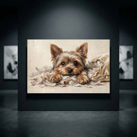 Yorkshire Terrier Puppy Shredded Pillow Canvas Wall Art, Funny Dog Print, Playful Pet Decor
